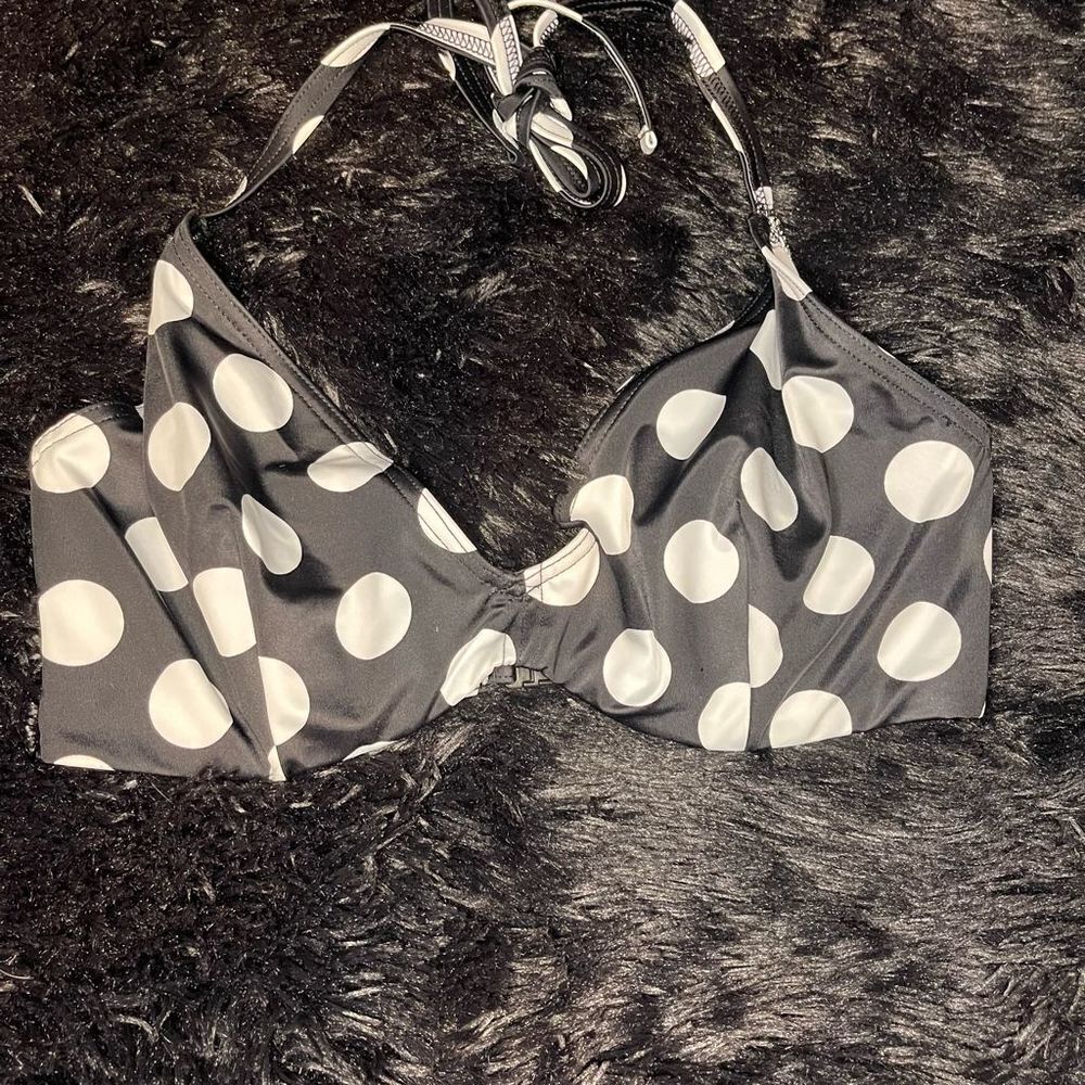 Black White Polk Dots Halter Tie Bikini Top